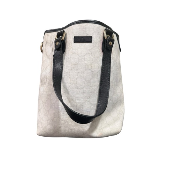 Vintage Gucci GG Canvas Tote Bag White Monogram Black Leather Trim - Picture 3 of 12